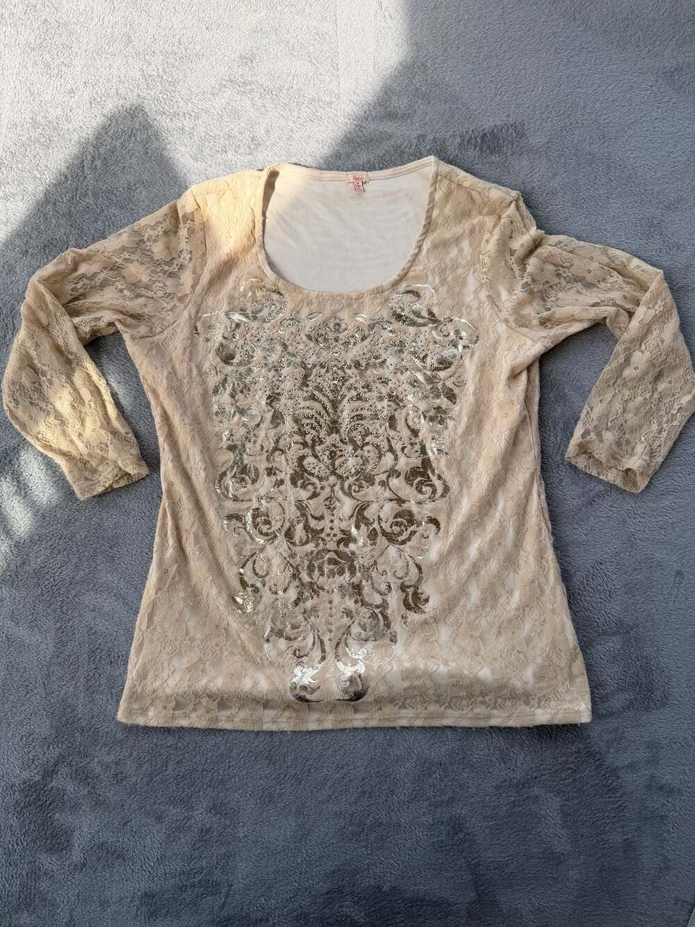 Reba Women's Beige Lace Embellished Long Sleeve Top Size M